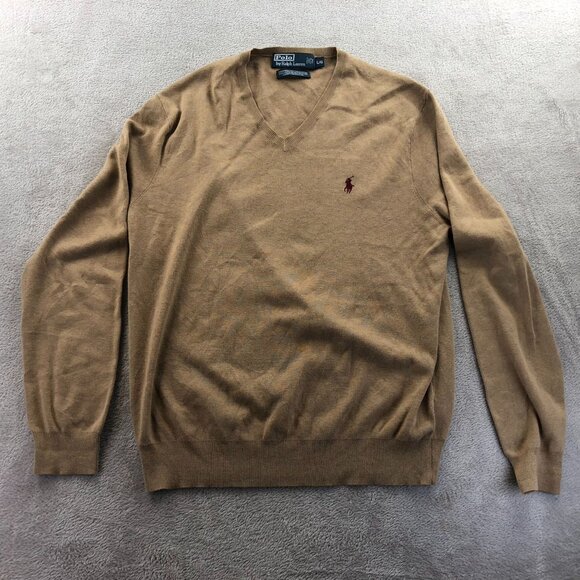 Polo Ralph Lauren Mens Sweater Large V-Neck Pullover Long Sleeve Brown Cotton - Picture 13 of 14